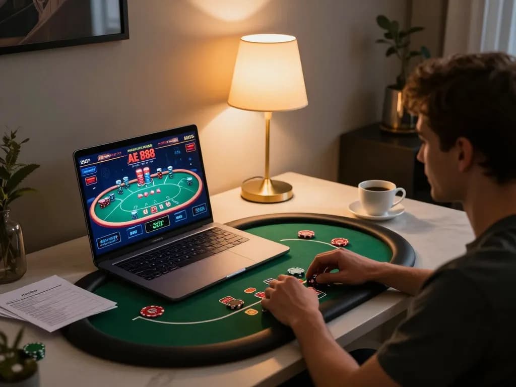 Engaging in AE 888 online casino gaming with strategic notes and cozy lighting