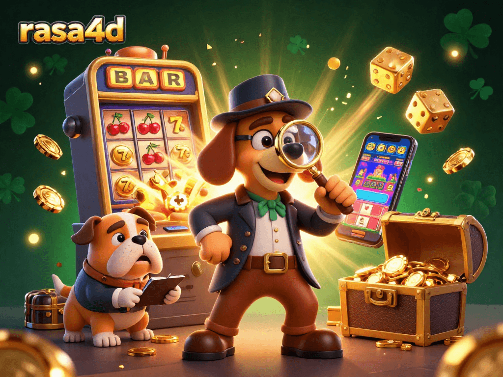 Rasa4d menampilkan anjing detektif 3D yang menyelidiki chip poker emas dan simbol jackpot di dunia kasino.