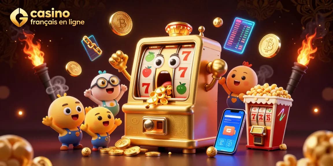 Jouez au casino français en ligne avec une machine à sous dorée animée remportant un jackpot, entourée de joyaux de jeux.