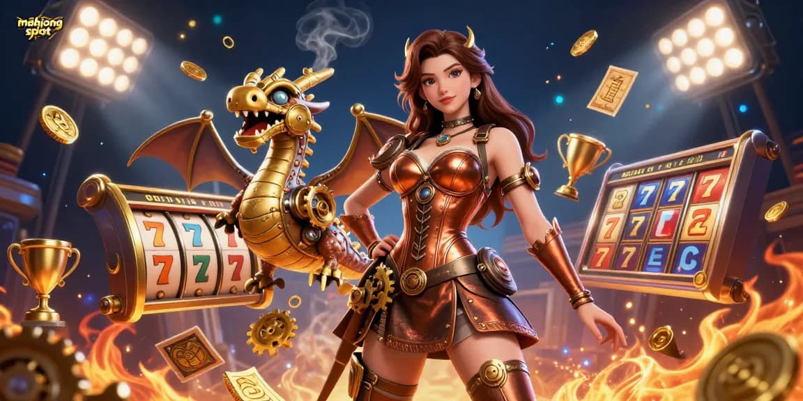Dynamic scene showcasing mahjong slot with 3D characters and casino elements in vibrant colors.