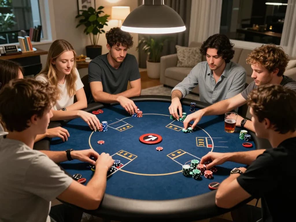 Friends enjoying Texas Hold'em poker night with hidden wiki strategy discussions and colorful chips on a modern table
