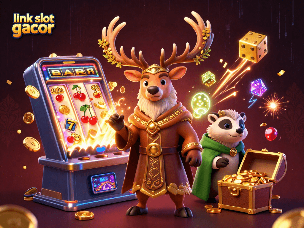Play exciting games at link slot gacor with a vibrant casino illustration including characters and slot machine elements.