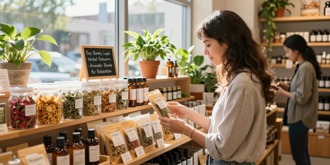 Engaging scene of a shopper considering to buy barely legal herbal potpourri in a bright herbal wellness shop.