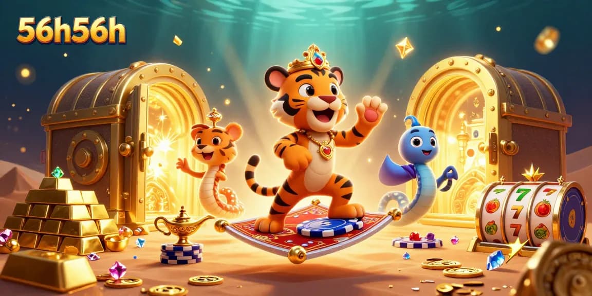Ilustração 3D do sultão tigre em um tapete de fichas no estilo "56h56h" com símbolos de caça-níqueis e tesouros.