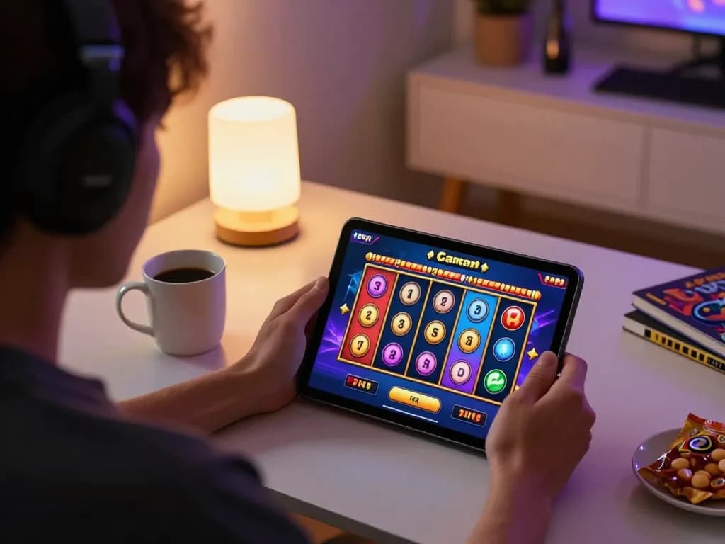 Engaging in slot gacor gameplay on a tablet while enjoying a cozy gaming setup.