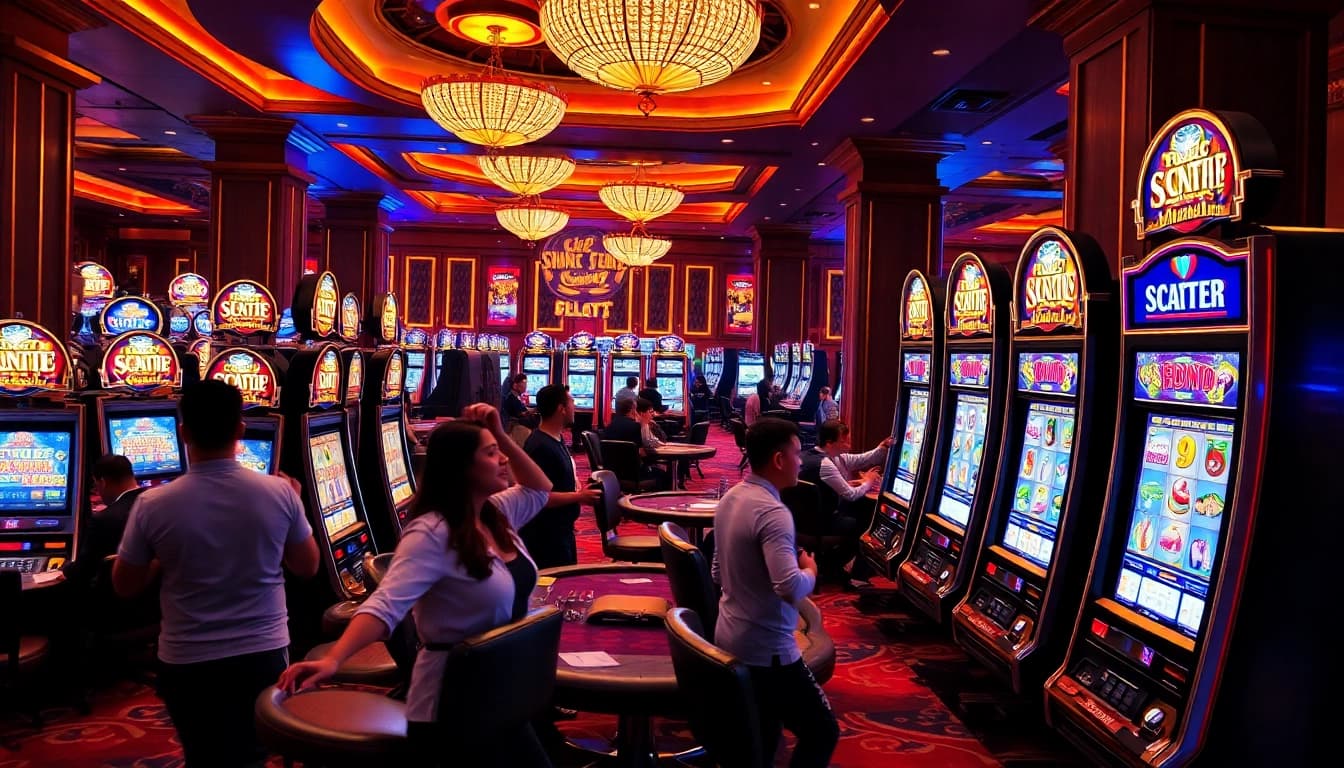Excited players engaging with modern slot machines, including scatter hitam games.