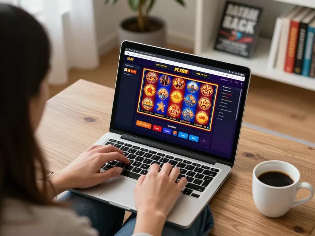 Engaging fly88 đăng nhập scene of a person using a laptop for online casino gaming in a cozy home.