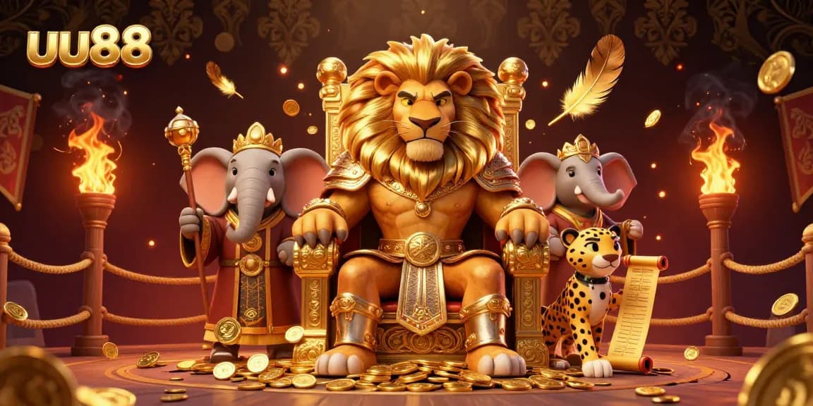 uu88 features a playful illustration of a lion king on a throne surrounded by gambling tokens.