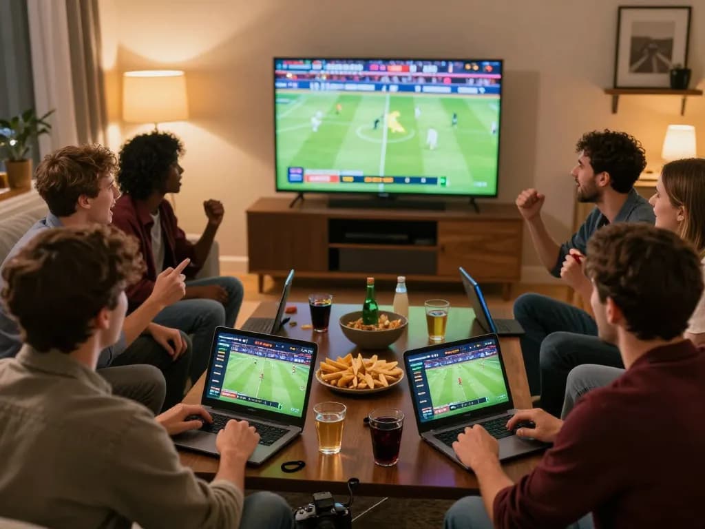 KQBD action unfolds as friends engage in sports betting while watching a thrilling match on TV.