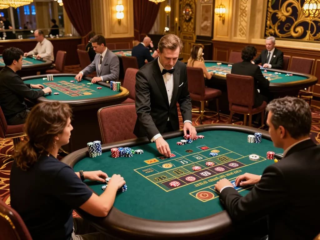 Engaged players betting at TG88's vibrant roulette tables within a luxurious casino environment.