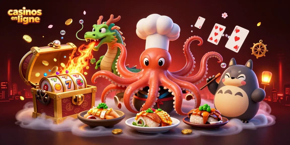 Illustration captivante des casinos en ligne avec un poulpe chef et des dragons au wok d'or.