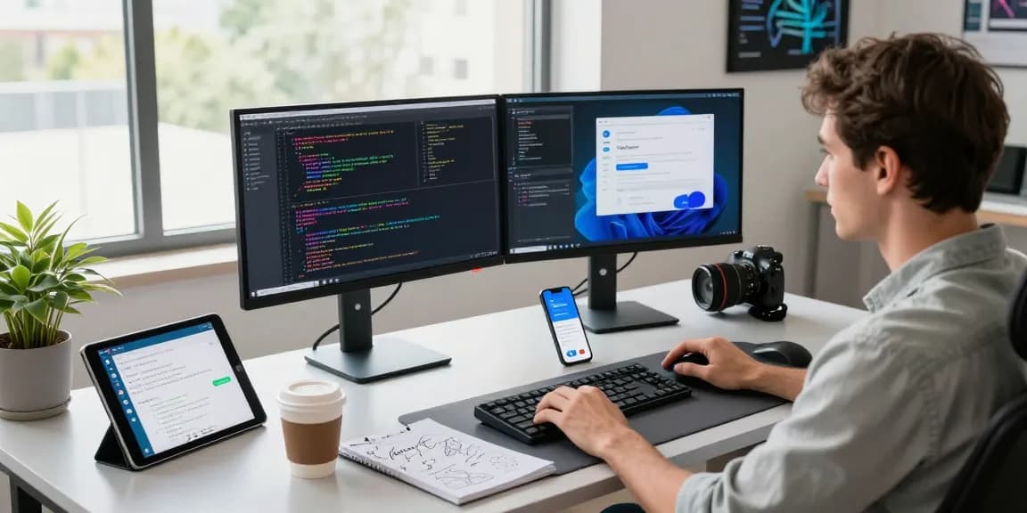 telegram中文版下载 in a modern tech workspace with coding elements and a Telegram interface on monitors.