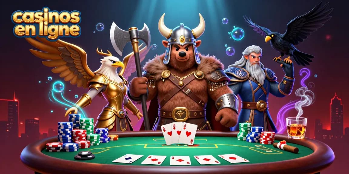 Jouez aux casinos en ligne avec un Viking et un aigle sur un fond dynamique.