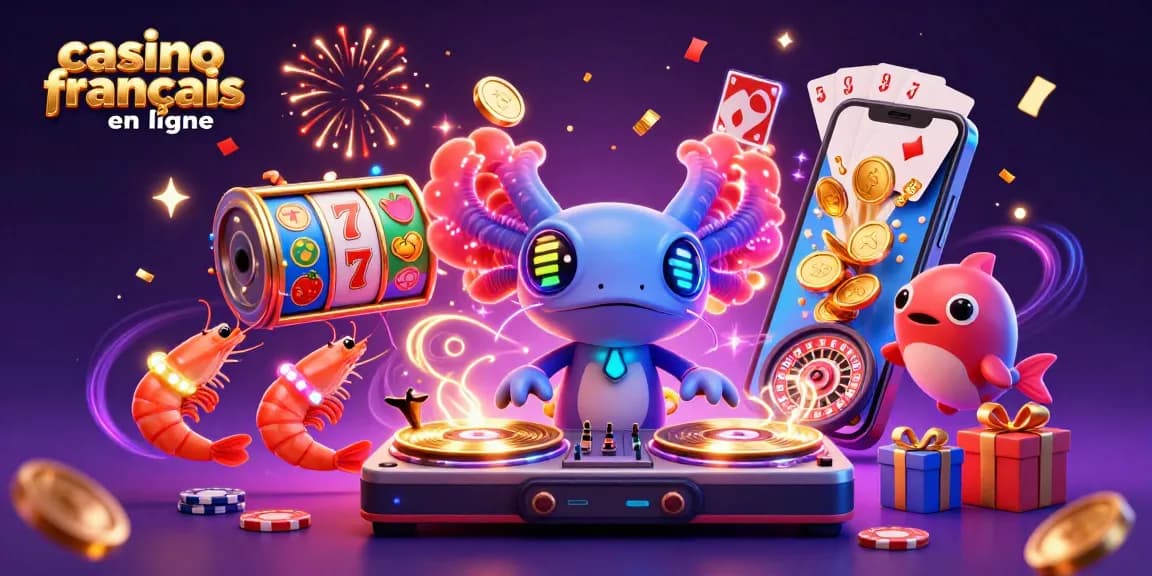Jouez au casino français en ligne avec l'axolotl DJ et des crevettes dans une scène festive.