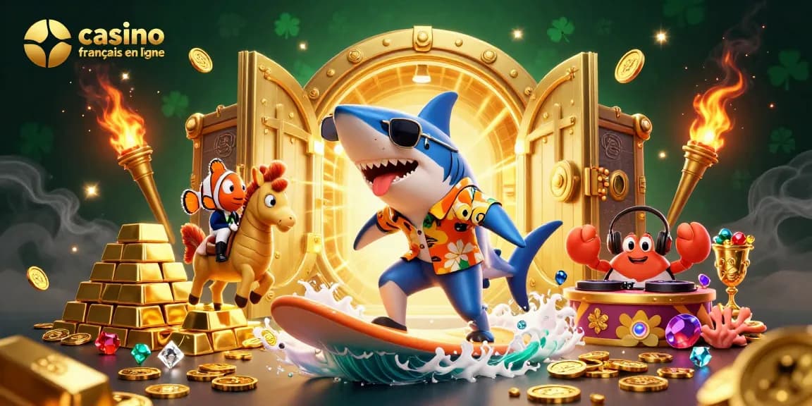 Plongez dans le monde du casino français en ligne avec ce requin caricatural et ses amis en pleine fête sur les pièces d'or.