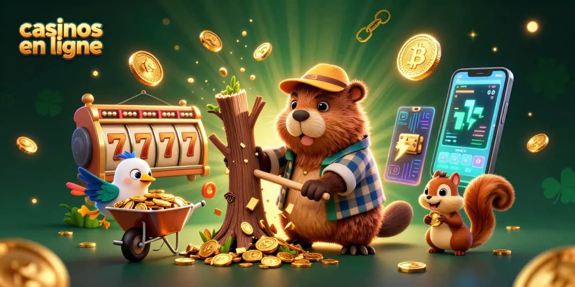 Jeu aux casinos en ligne avec un castor bûcheron, des roues de machines à sous et des pièces d'or qui tombent.