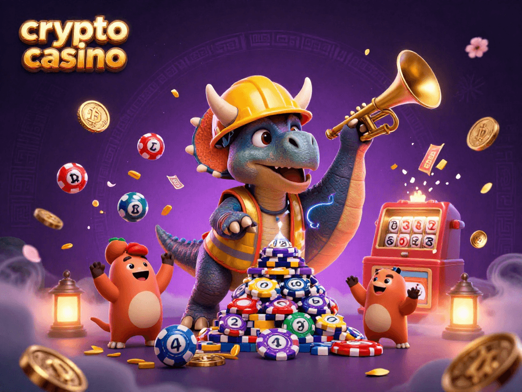 Jouez au casino crypto avec des personnages 3D célébrant des gains avec des pièces de Bitcoin et d'Ethereum.