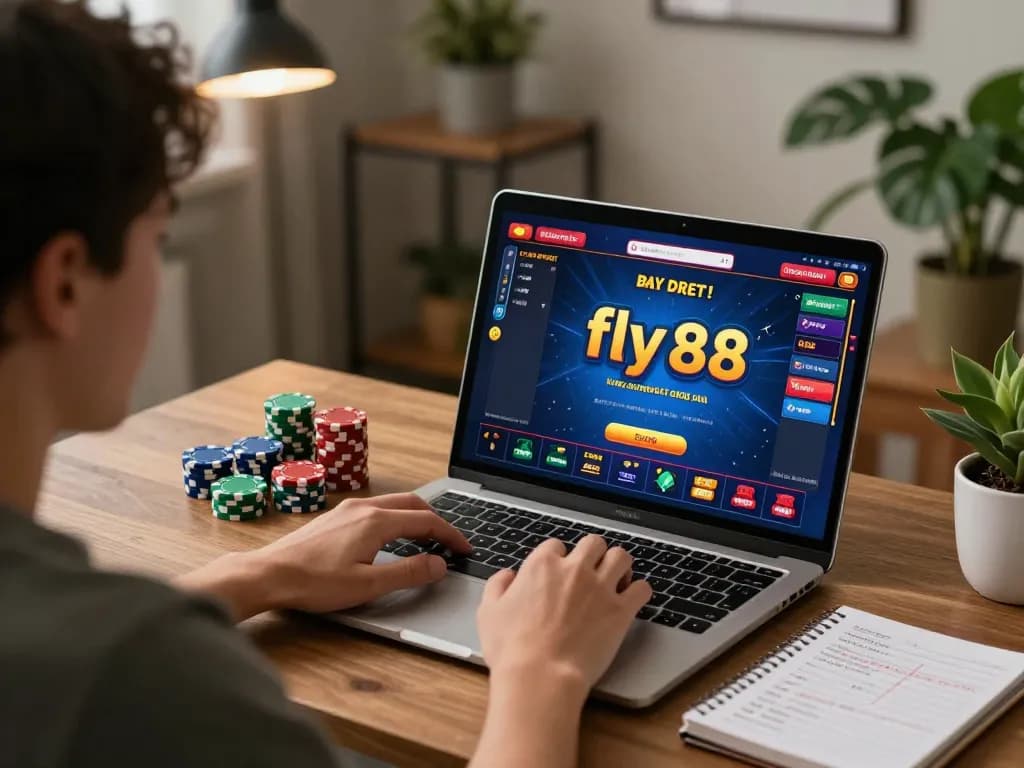Engaged player using fly 88 online casino app on laptop, showcasing strategic betting setup.