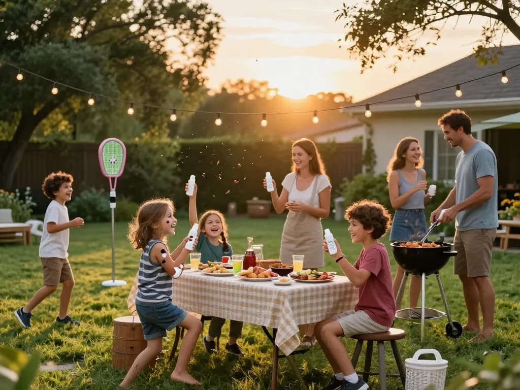 Family applying mosquito repellent while enjoying a barbecue outdoors, ensuring protection against pests.