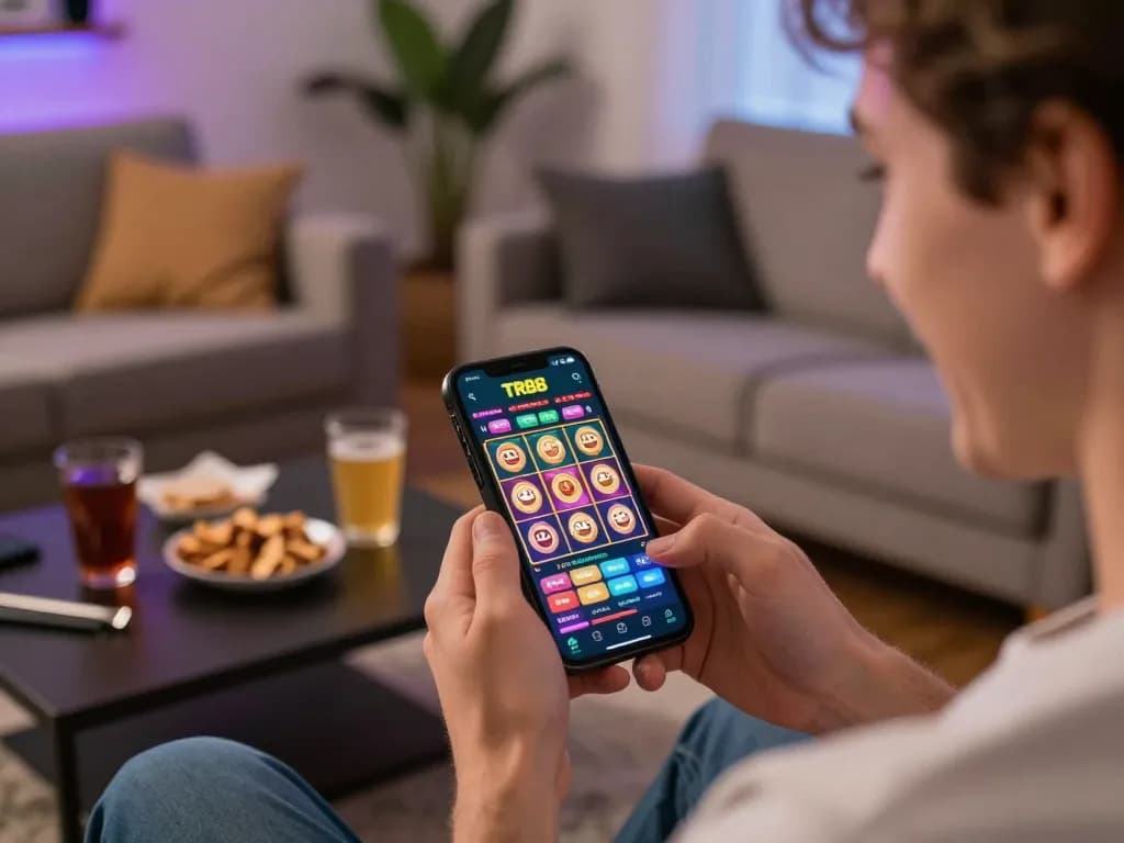 Enjoying TR88 slots on a smartphone in a cozy living room, highlighting modern online gaming