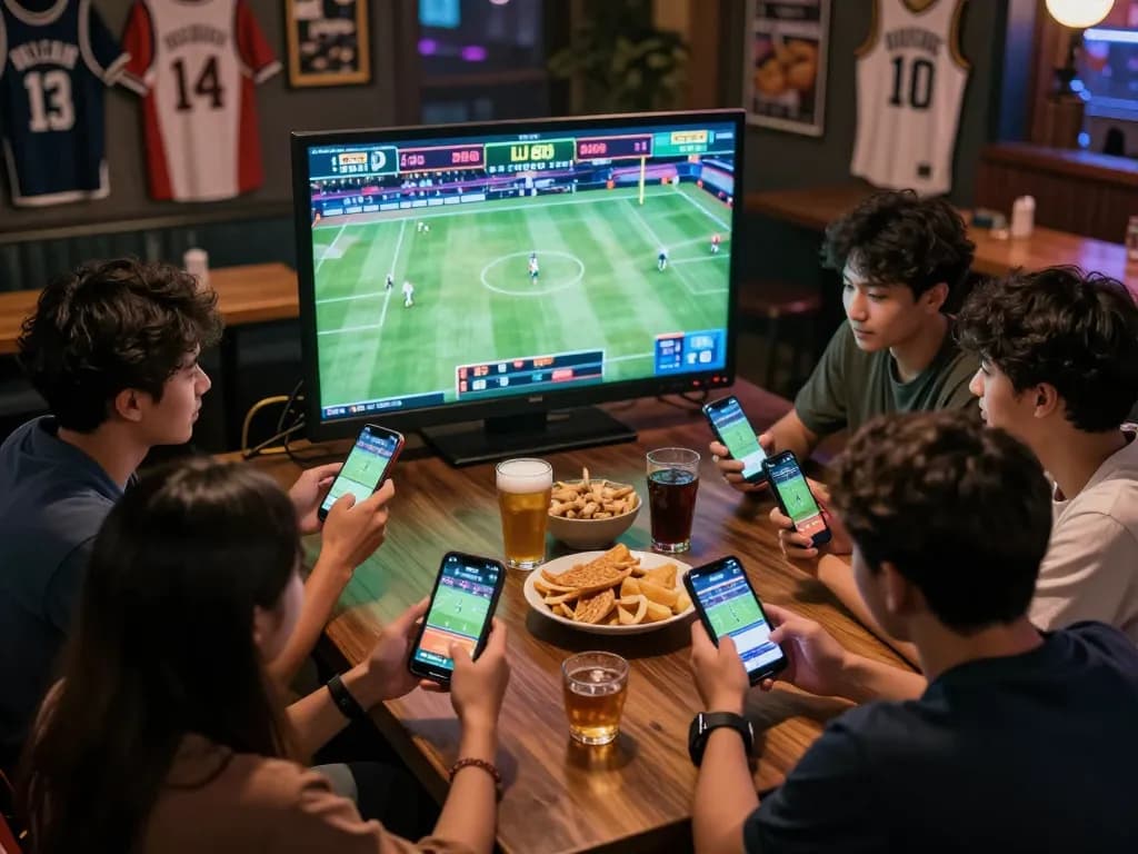 Friends engaging in sports betting on qq 88 app at a vibrant sports bar.