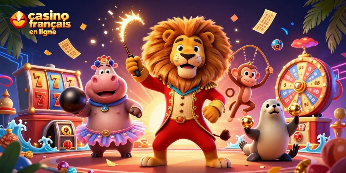 Le casino français en ligne prend vie avec des personnages animés, des machines à sous, et une pluie d'argent.