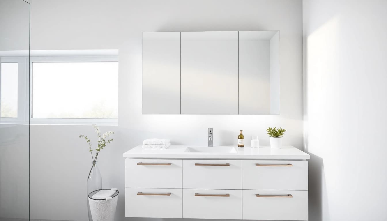 Eleganter spiegelschrank led mit integrierter Beleuchtung im modernen Badezimmer-Setup.
