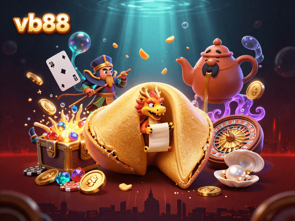 Experience the thrill of casino games with vb88's vibrant scene featuring a fortune cookie and gold treasures.