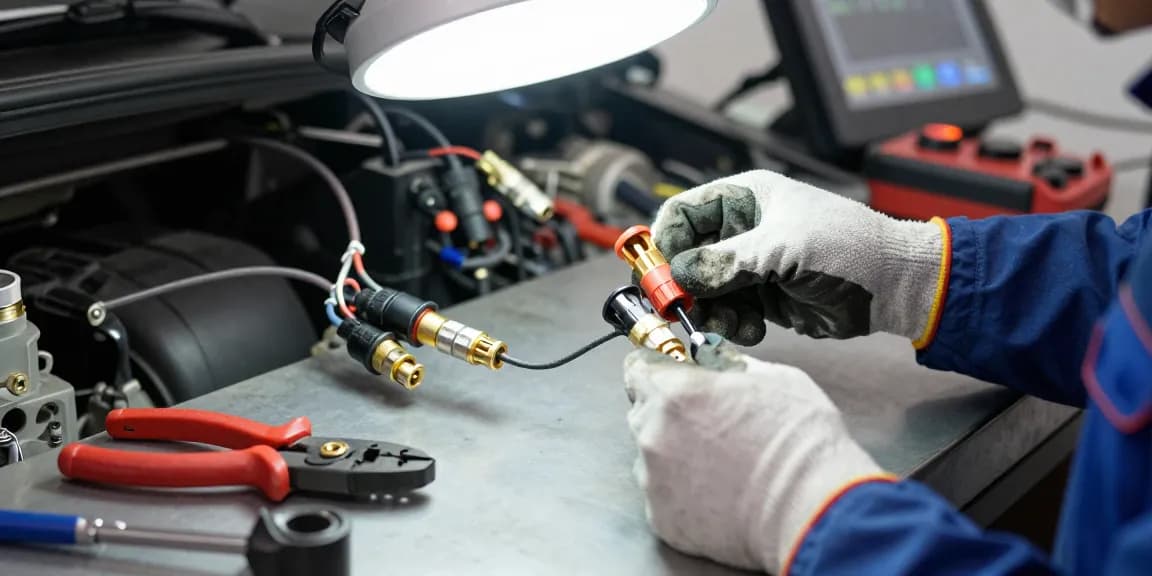heavy duty waterproof electrical connectors installed by a technician in an automotive workshop, showcasing reliability and precision.