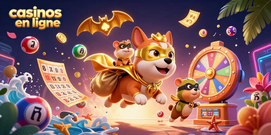 Profitez des casinos en ligne avec cette illustration dynamique d'un chien super-héros et son hamster, riches en jeux.
