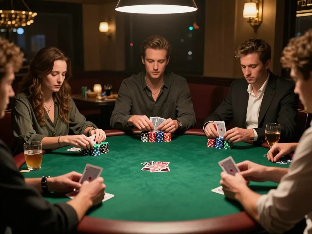 Players enjoying a poker game at home, showcasing hay88x strategy and camaraderie around a table.