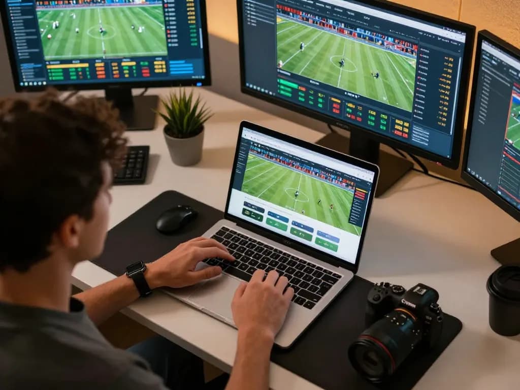 Bongdalu sports betting scene with live match updates on a sleek laptop, emphasizing strategic wagering.