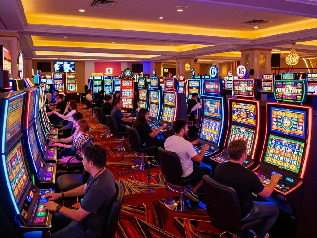 Excited players engaging with vibrant situs slot machines in a Las Vegas casino.