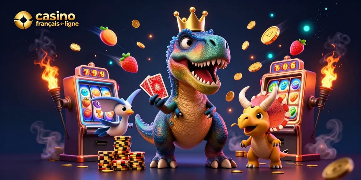 Découvrez l'illustration d'un T-Rex jouant aux cartes chez un casino français en ligne amusant.