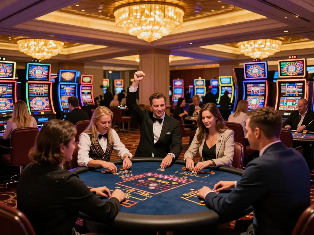 Exciting casino scene at 58wiin with players winning at slot machines and tables