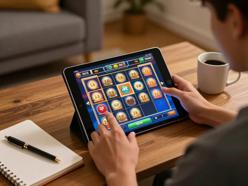 Engaging in online slots on BK8 platform at home with cozy atmosphere and bankroll strategy notes.