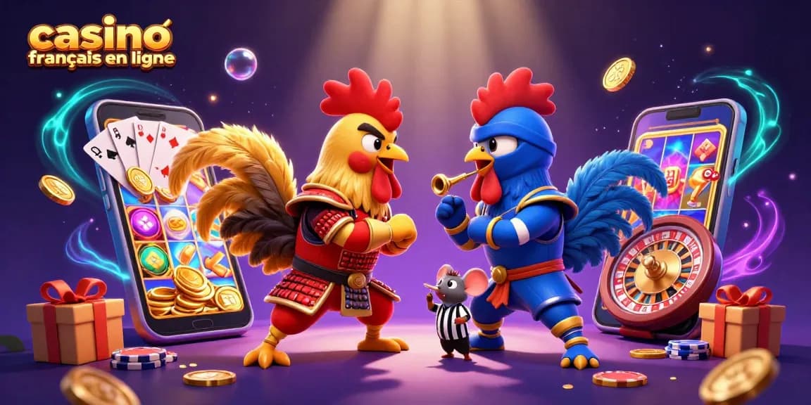 Les coqs combatifs en armure samouraï et en tenue de ninja se battent dans un casino français en ligne animé.