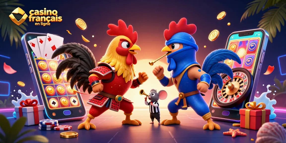 Jouez à casino français en ligne avec des coqs combattants et des jeux de casino dynamiques illustrés.