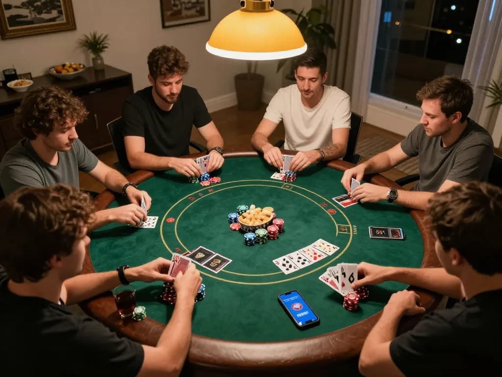 Friends playing poker at home while exploring F8BET betting options on a smartphone, showcasing a lively gaming atmosphere.