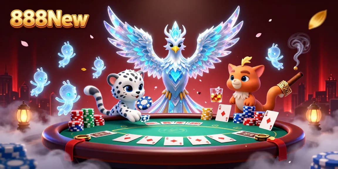 Experience the thrill at 888New with a captivating scene featuring a cartoon ice phoenix and poker action.