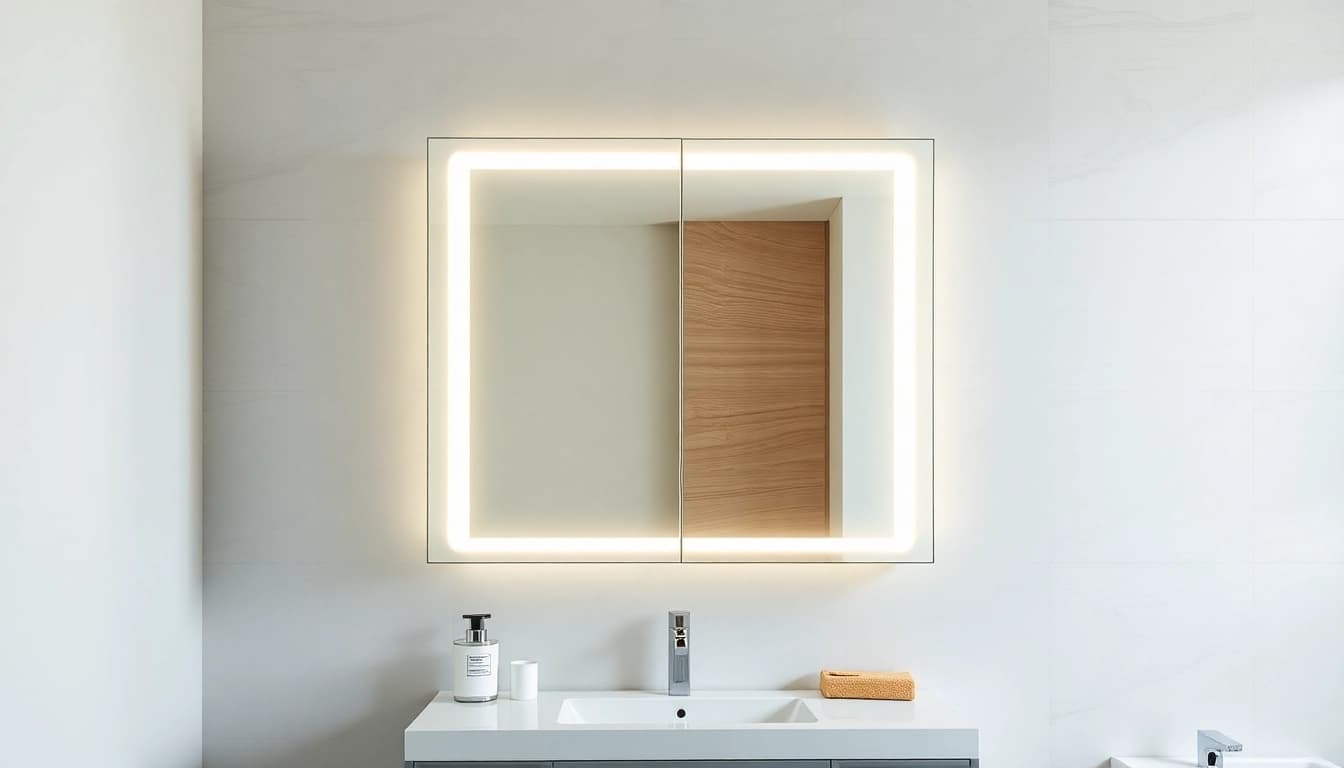 Bright mirrored bathroom cabinet with light enhancing a stylish modern bathroom decor.