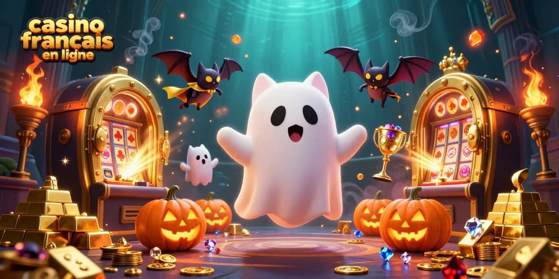 Jouez au casino francais en ligne avec un chat fantôme et des éléments lumineux dans un cadre de casino hanté.