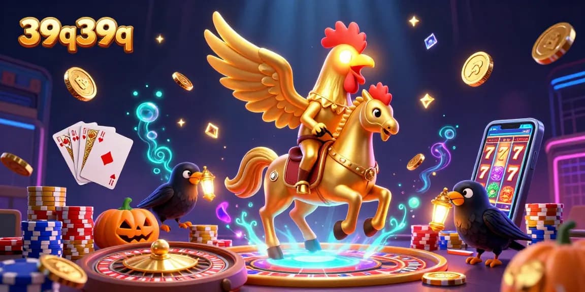 Engage with 39q39q's vibrant casino scene featuring a golden rooster and sparkling game elements.
