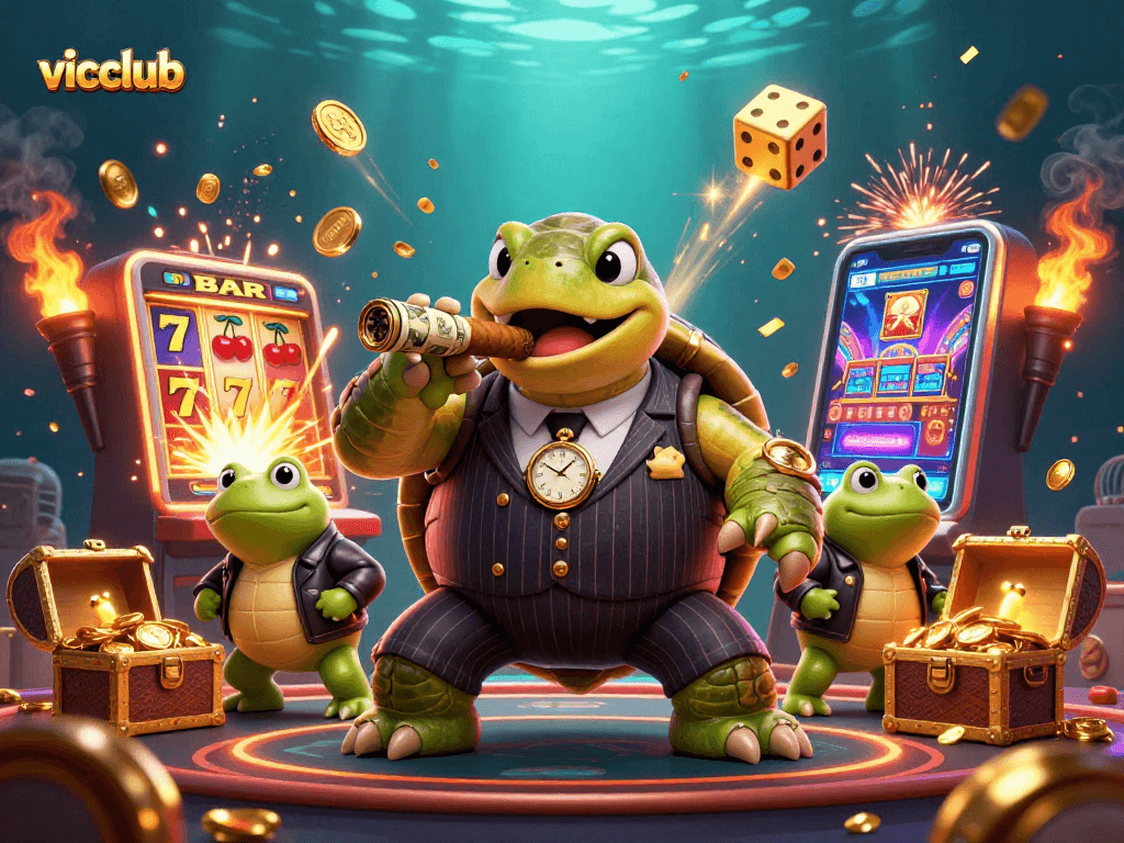 Experience the thrill of winning at vicclub with a dynamic casino-themed illustration featuring a massive turtle and frog enforcers.