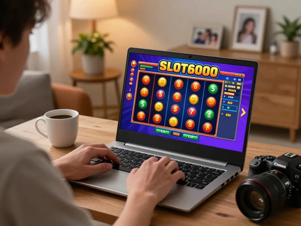 SLOT6000 gaming setup with vibrant slot game interface and a cozy atmosphere enhancing the online experience.