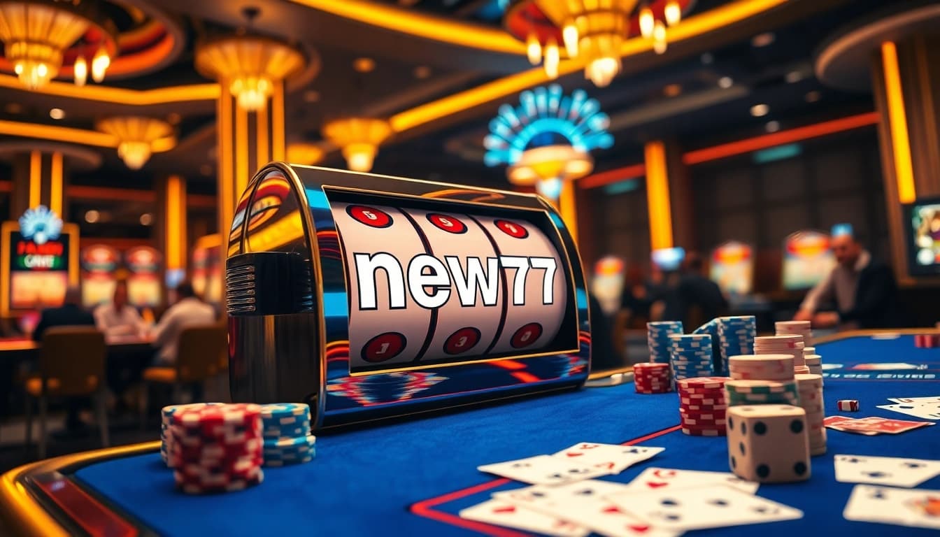 Spin the new77 slot machine surrounded by vibrant poker chips and cards in an elegant casino setting.