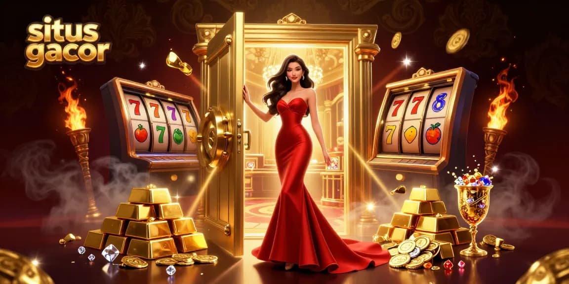 Engage in exciting gameplay at situs gacor with vibrant slot reels and golden treasures in a luxury casino setting.
