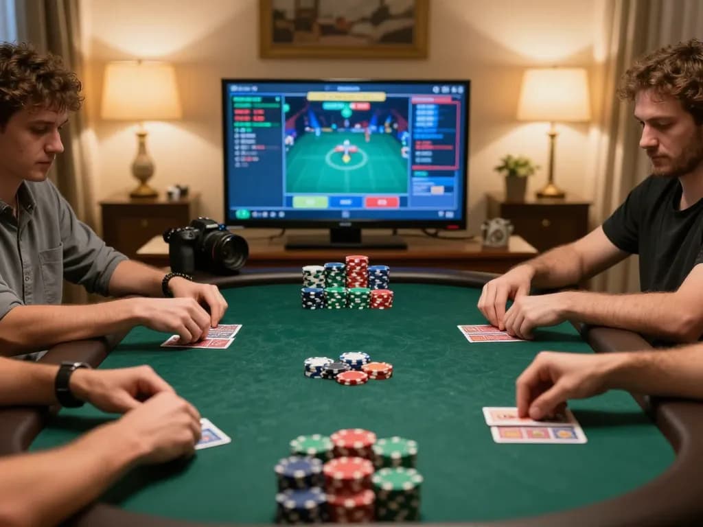 Sunwin online poker players strategizing with cards and chips in a cozy living room.