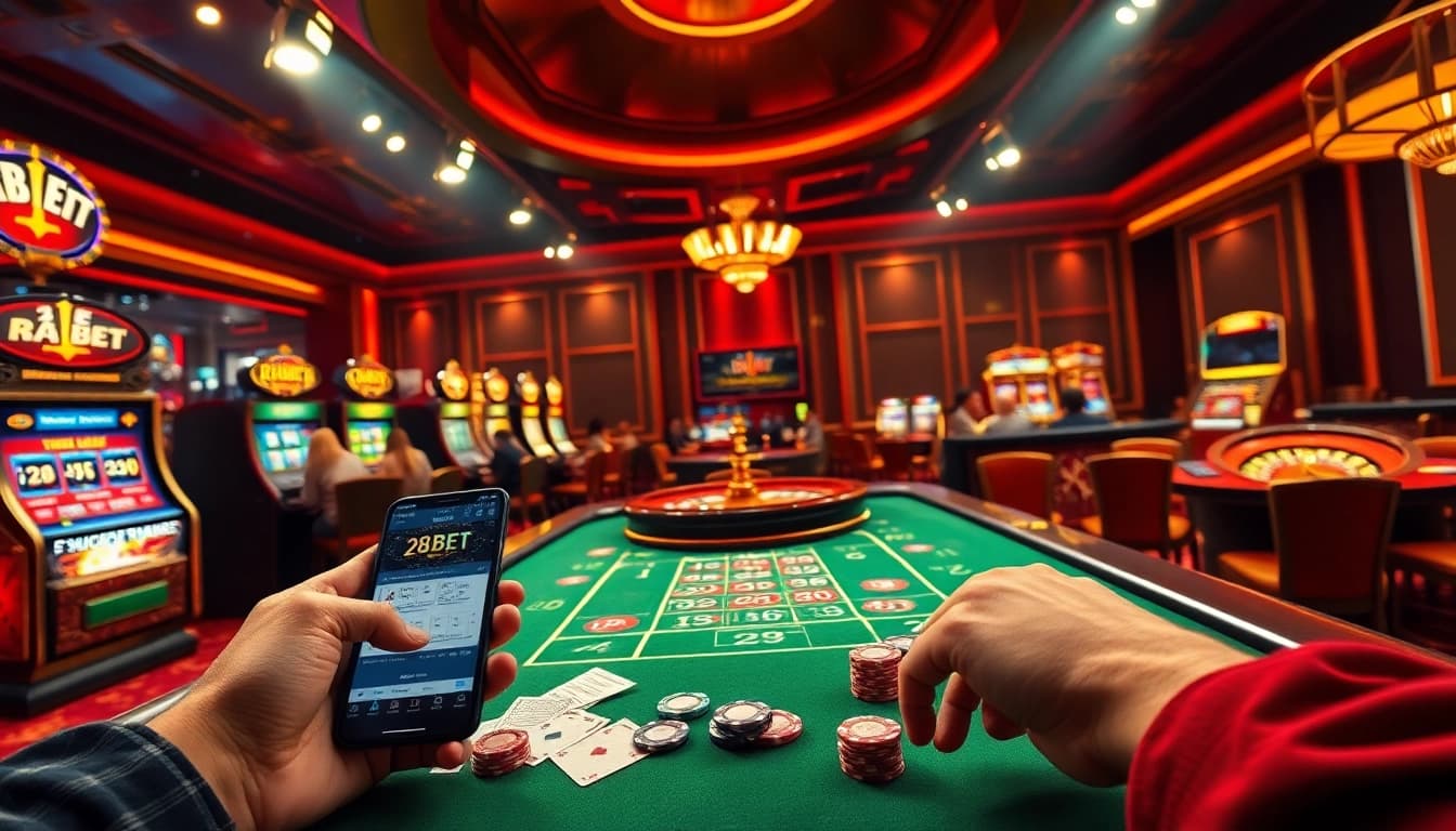 Experience the thrill of betting with 28BET at a dynamic casino table filled with chips and excitement.