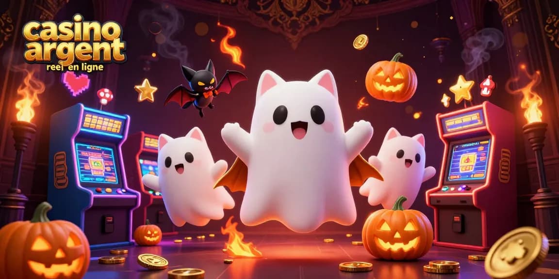 Illustration dynamique de casino argent réel en ligne avec un chat fantôme, une chauve-souris vaillante et des éléments de jeu lumineux.